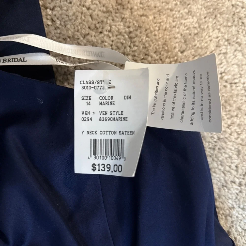 Davids Bridal Marine‎ Navy Blue Cotton Sateen Y-Neck Halter Dress 83690 Size 14